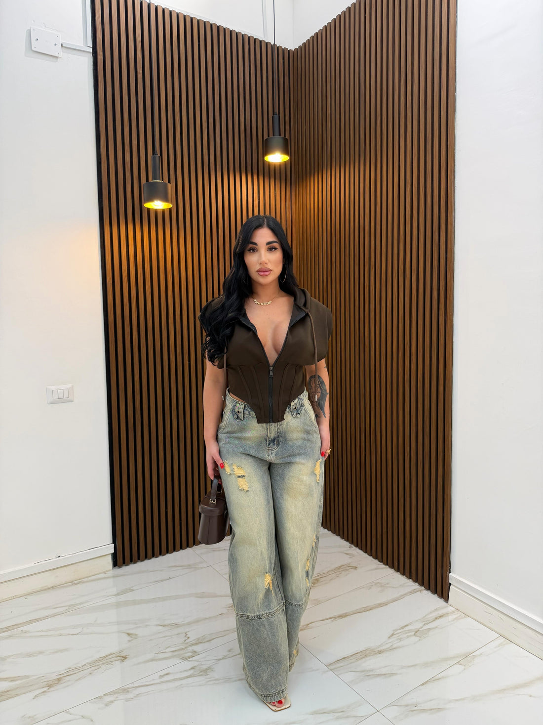 GIACCA SMANICATA MARRONE